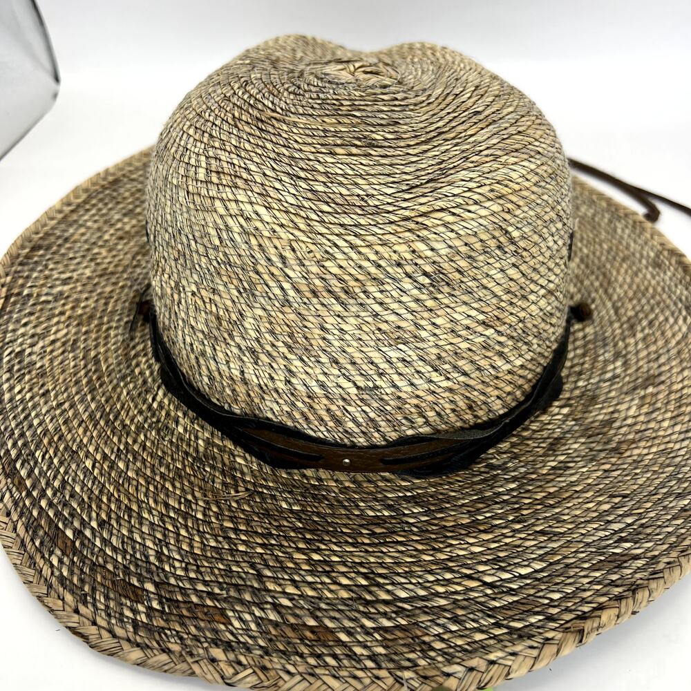 Stetson Marco Safari Sun Hat Stained Palm Straw Leather Band Chin Strap SMALL - Picture 4 of 9